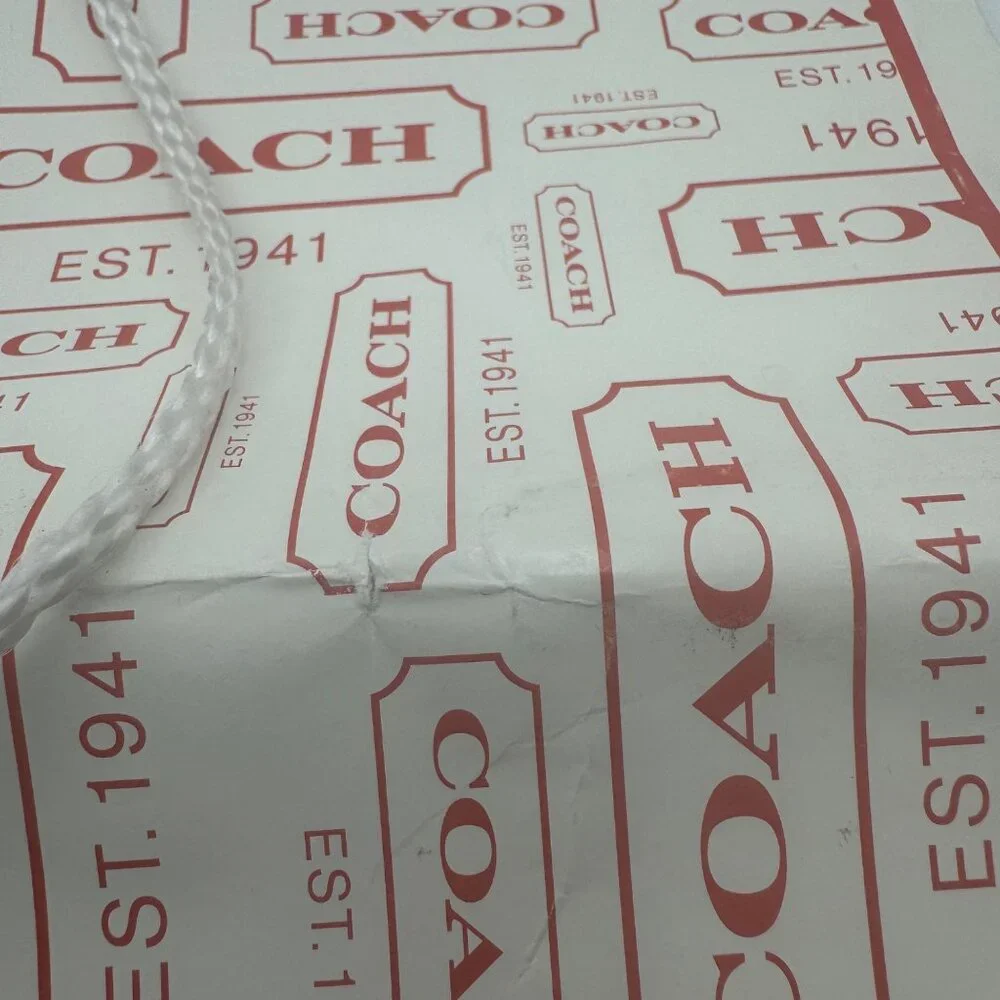 Coach Logo Print Paper Shopping Bag White Red Design Durable Handles Vintage